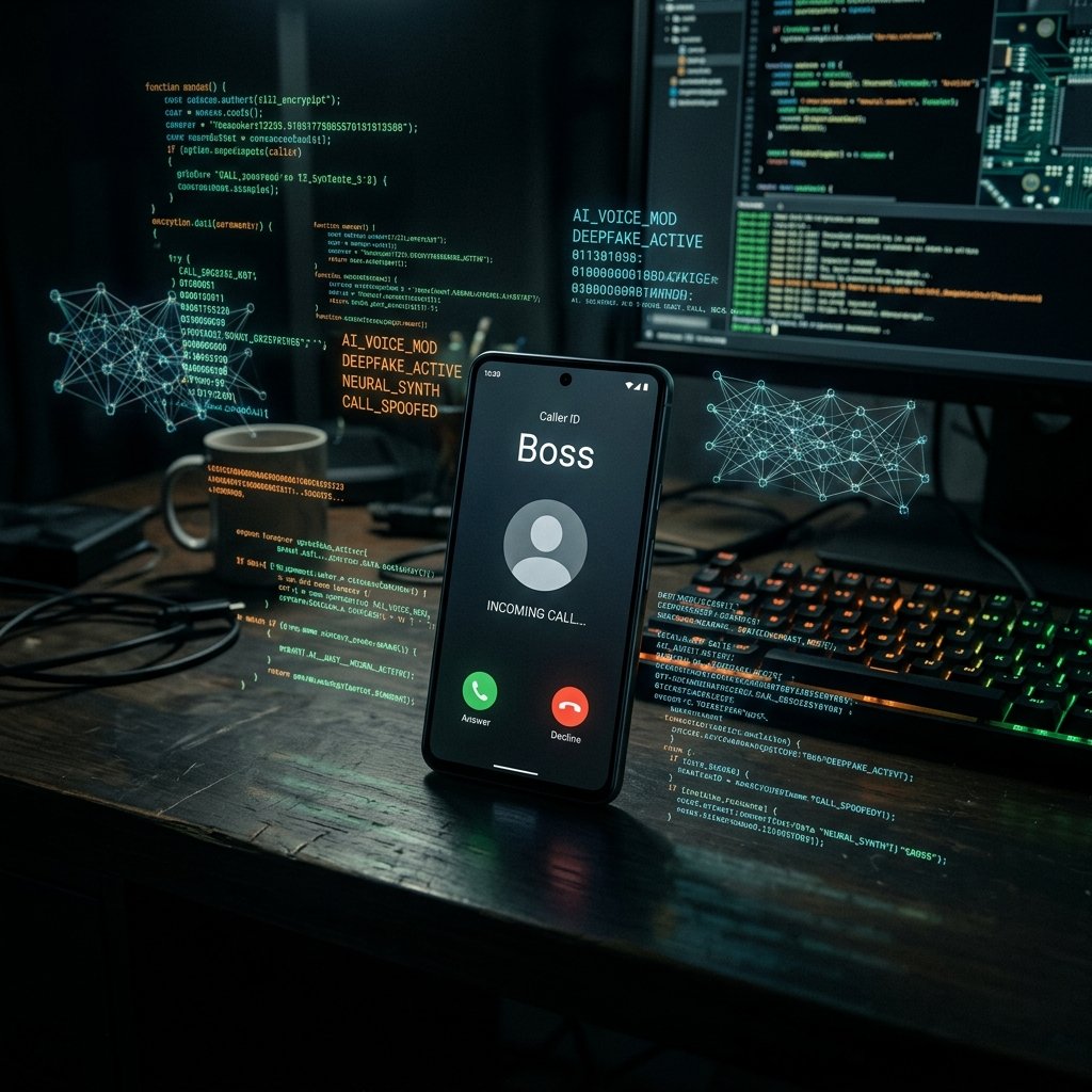 Smartphone displaying a spoofed incoming call surrounded by AI neural network code patterns in a dark room