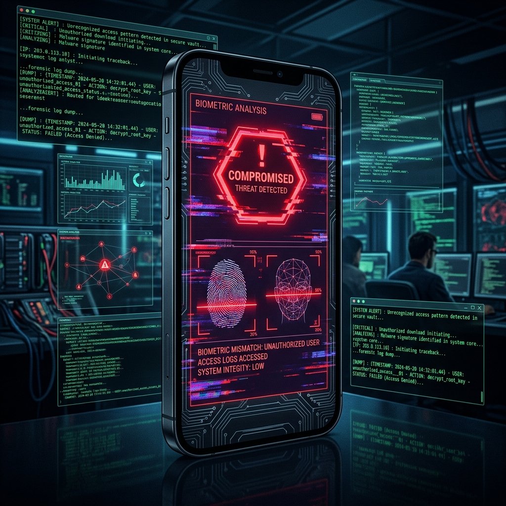 Smartphones displaying cellular security screens with cyber threat indicators overlaying a dark server background