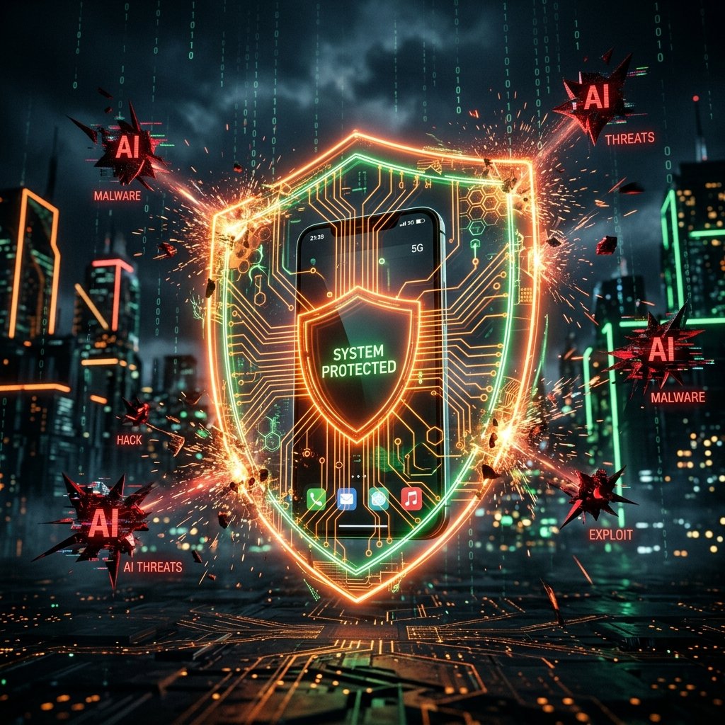 Digital shield made of glowing circuits protecting a smartphone from AI-generated cyber threats with binary code rain in the background