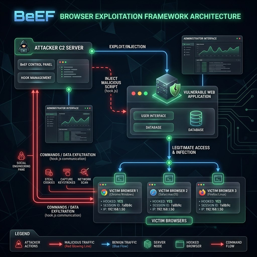 BeEF Hook Deployment and C2 Communication Flow via Cross-Site Scripting (XSS)